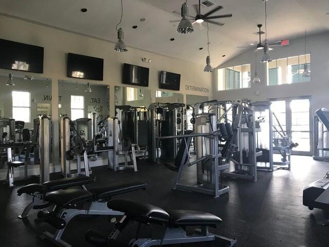 exercise room with plenty of natural light, ceiling fan, and a towering ceiling