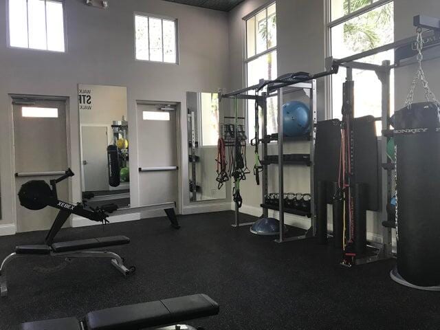 exercise room featuring a high ceiling