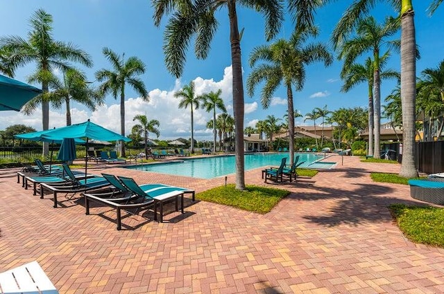 view of swimming pool featuring a patio area