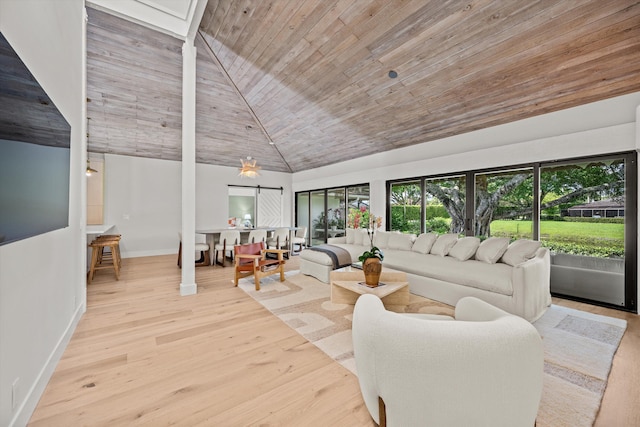 living room with ornate columns, high vaulted ceiling, wooden ceiling, and light hardwood / wood-style flooring