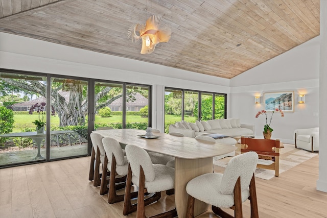 dining space featuring lofted ceiling, light hardwood / wood-style flooring, and wooden ceiling