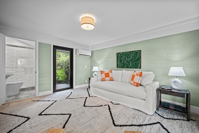 carpeted living room with crown molding and a wall unit AC