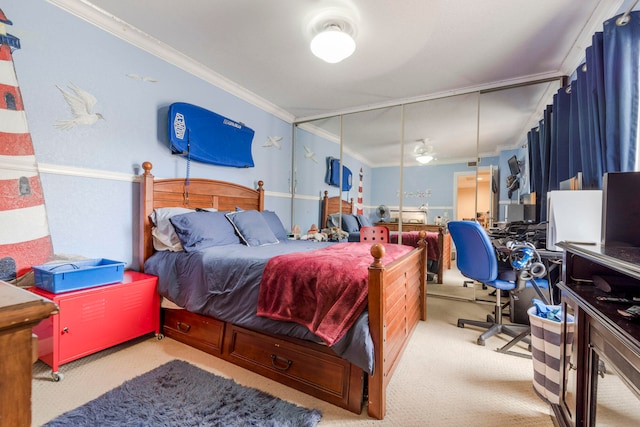 carpeted bedroom featuring ornamental molding