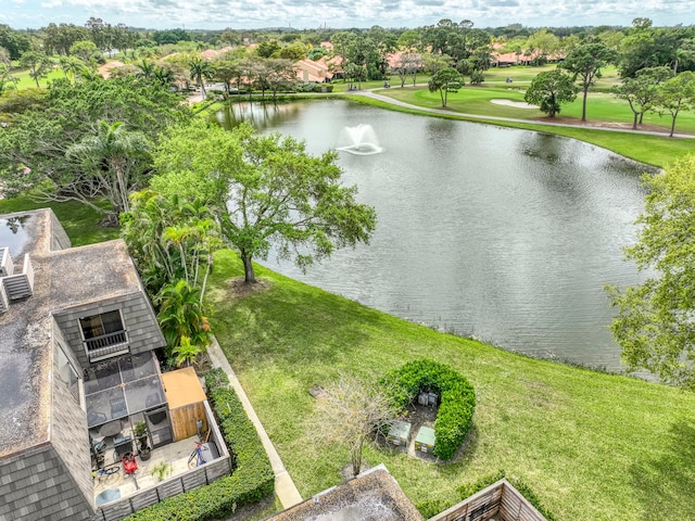 drone / aerial view featuring a water view