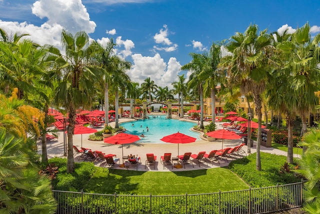 view of swimming pool featuring a patio area