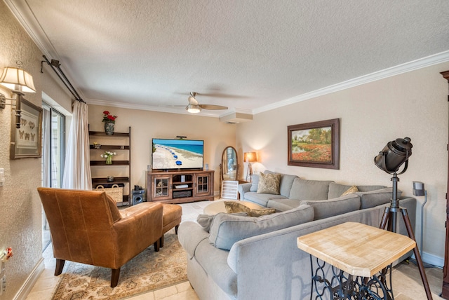 living room with ornamental molding, a textured ceiling, light tile patterned flooring, and ceiling fan