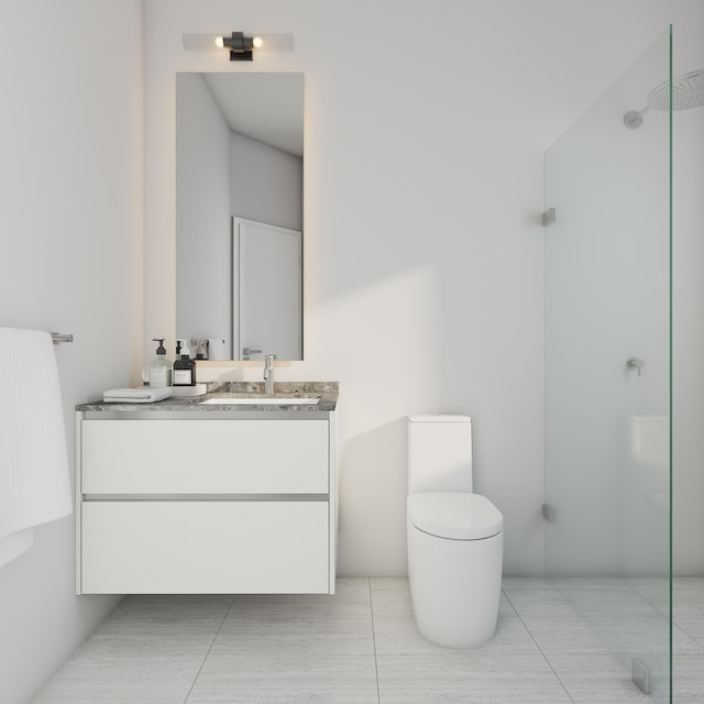 bathroom with walk in shower, vanity, toilet, and tile flooring