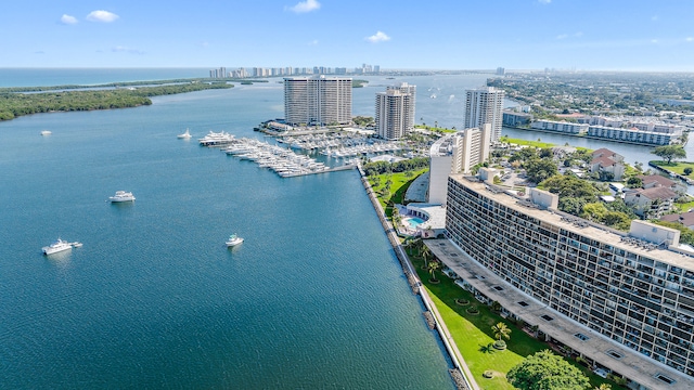 drone / aerial view featuring a water view