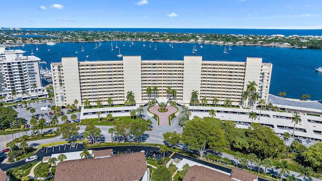 drone / aerial view featuring a water view