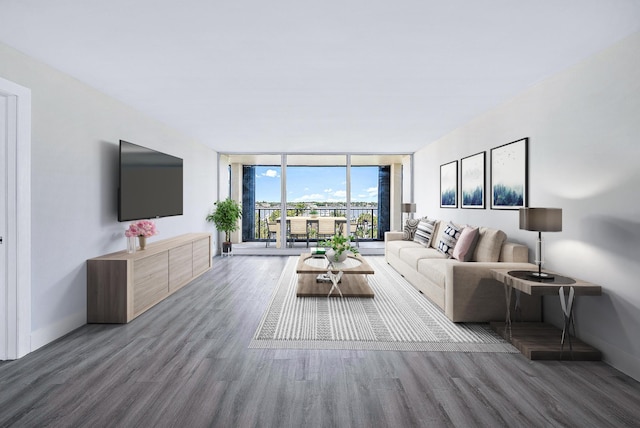 living room with expansive windows and dark wood-type flooring