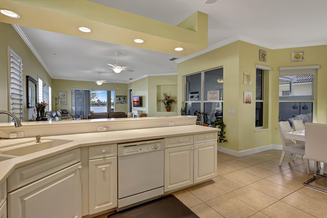 kitchen with light tile floors, ceiling fan, dishwasher, and white cabinetry