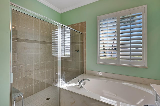 bathroom with ornamental molding and plus walk in shower