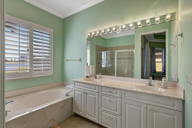 bathroom with plenty of natural light, tile flooring, and dual vanity