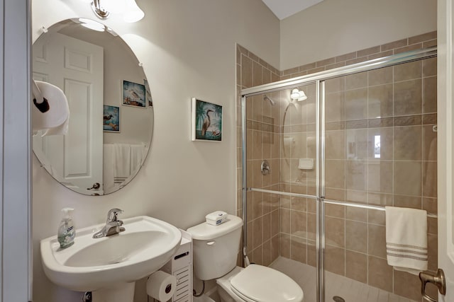 bathroom with sink, a shower with shower door, and toilet