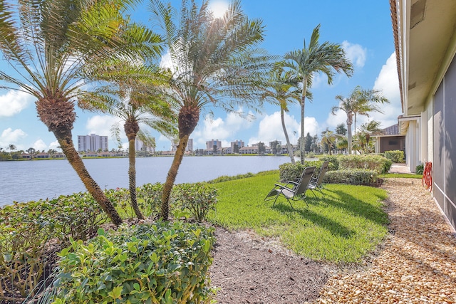 view of yard with a water view