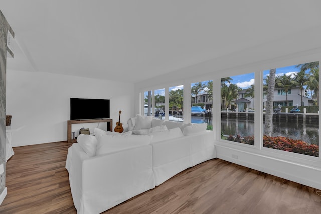 living room featuring a water view and wood-type flooring