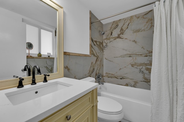 full bathroom featuring shower / tub combo, vanity, toilet, and tile walls