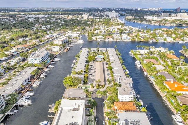 bird's eye view with a water view