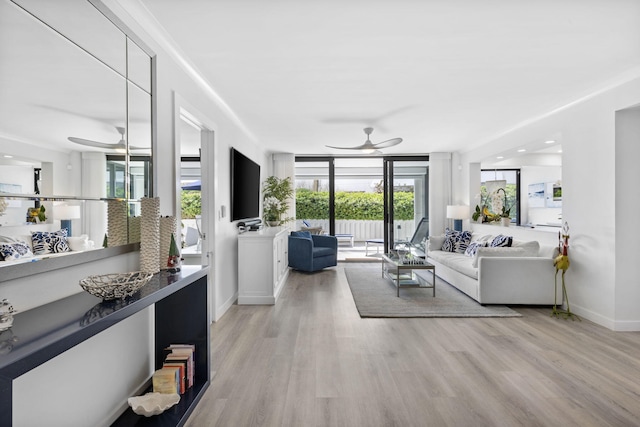 living room with light wood-type flooring and ceiling fan