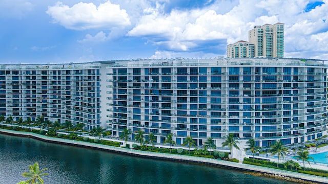 view of building exterior featuring a water view