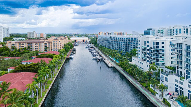 drone / aerial view featuring a water view