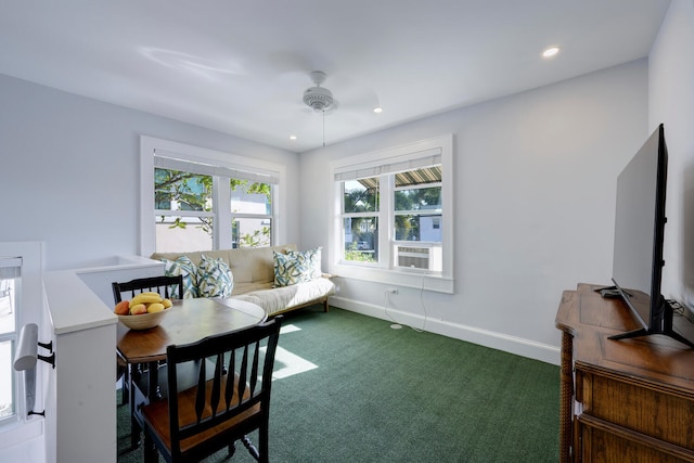 dining space with recessed lighting, carpet flooring, ceiling fan, and baseboards