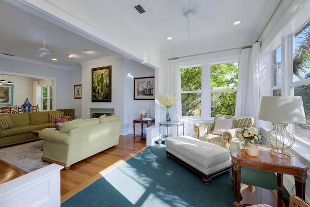 living room with hardwood / wood-style floors, ceiling fan, and a wealth of natural light