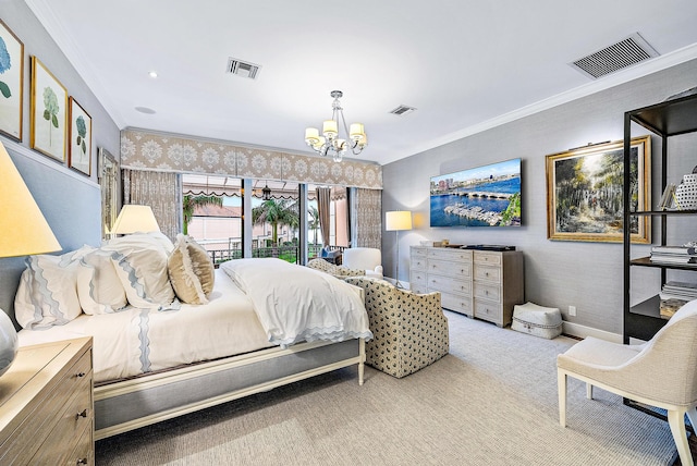 bedroom with a notable chandelier, light carpet, crown molding, and access to exterior