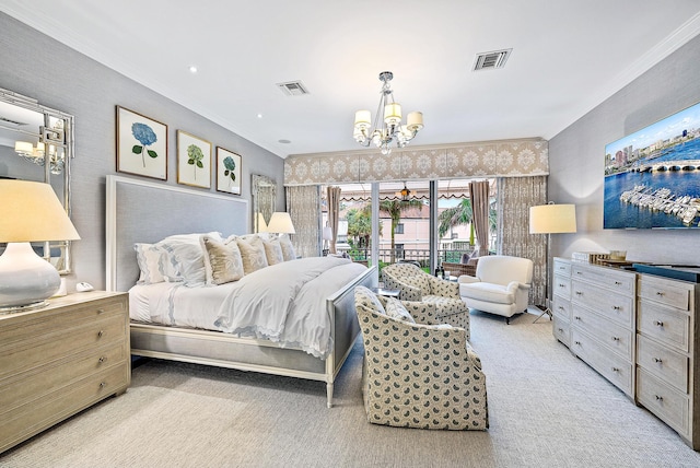 bedroom featuring light carpet, a chandelier, crown molding, and access to outside