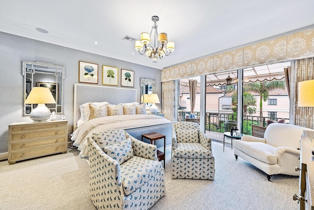 carpeted bedroom featuring a chandelier, access to outside, and crown molding