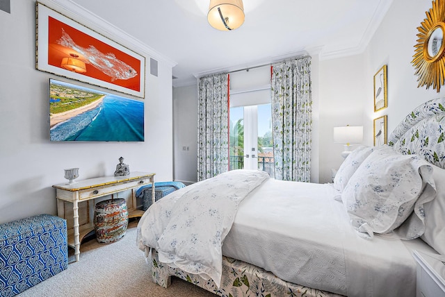 bedroom featuring carpet, access to outside, french doors, and crown molding