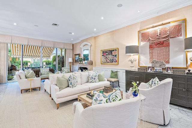 living room featuring ornamental molding