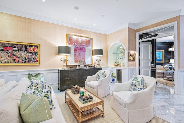 tiled living room with wine cooler and ornamental molding