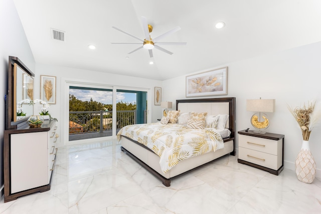 bedroom with ceiling fan, access to exterior, and lofted ceiling