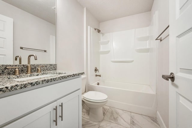 full bathroom featuring vanity, toilet, a textured ceiling, and shower / washtub combination