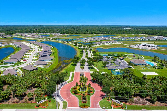 drone / aerial view featuring a water view