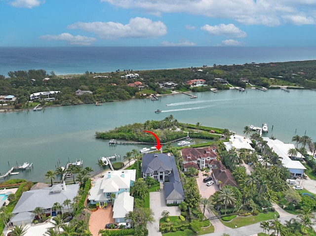 drone / aerial view featuring a water view