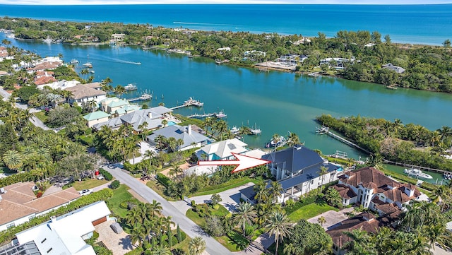 drone / aerial view featuring a water view