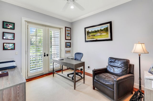 office area with light wood-type flooring, ornamental molding, ceiling fan, and french doors