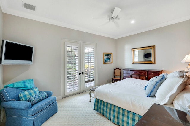 bedroom with french doors, access to exterior, light colored carpet, ceiling fan, and ornamental molding