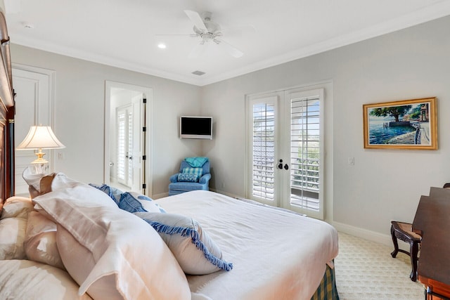 carpeted bedroom featuring crown molding, french doors, ceiling fan, and access to outside