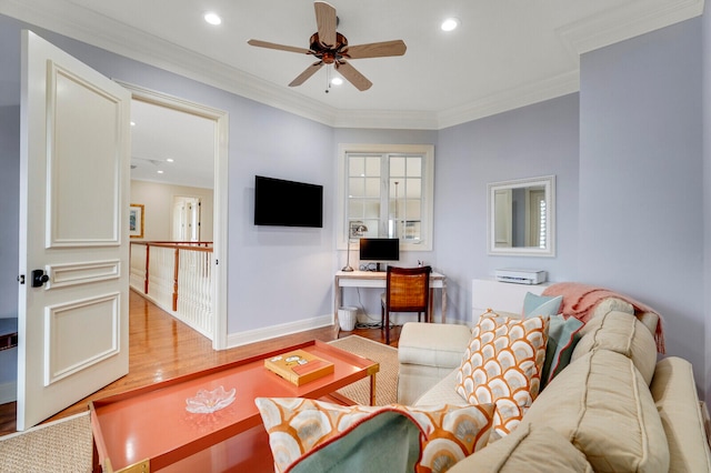 living room with french doors, crown molding, light hardwood / wood-style floors, and ceiling fan