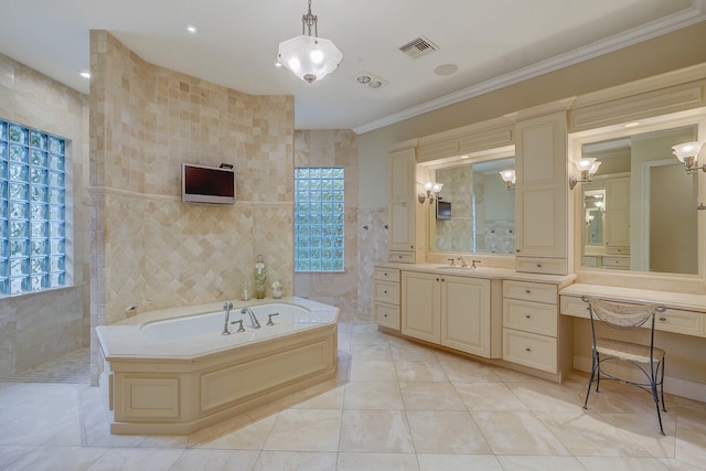 bathroom with a bath, vanity, tile flooring, and tile walls