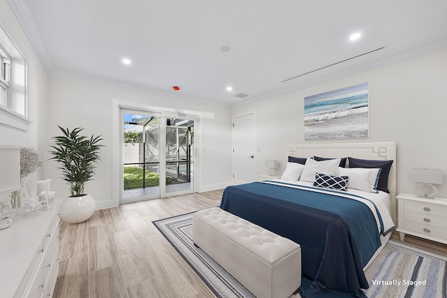 bedroom featuring access to outside, crown molding, and light hardwood / wood-style floors