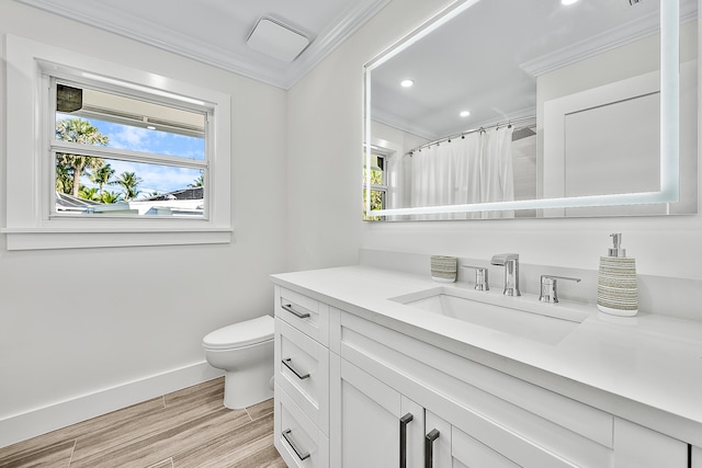 bathroom featuring vanity, crown molding, toilet, and a wealth of natural light