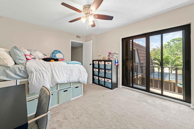 bedroom featuring access to outside, ceiling fan, and light colored carpet