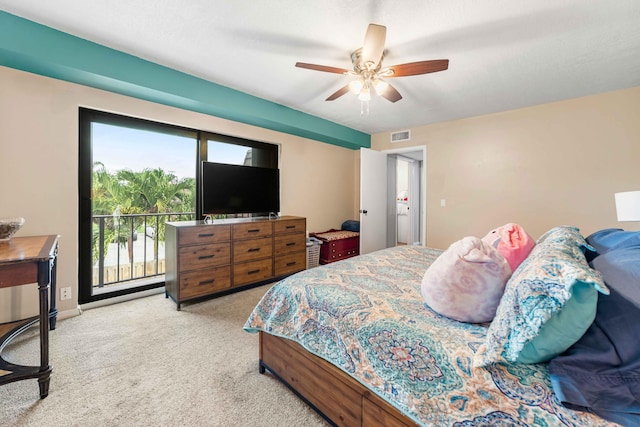 bedroom with ceiling fan and light colored carpet