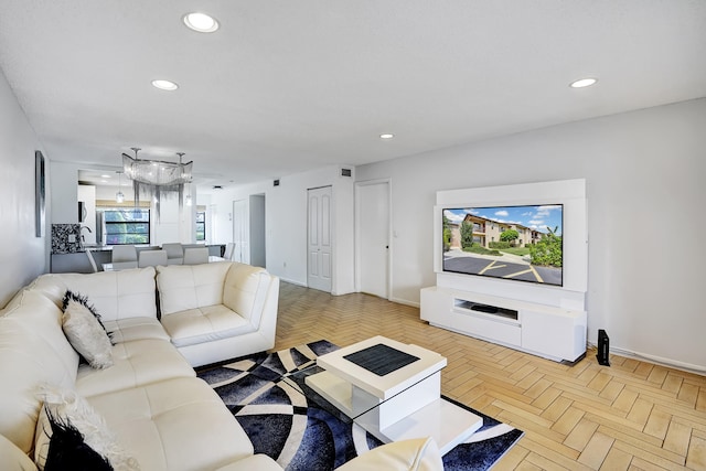 living room featuring light parquet flooring