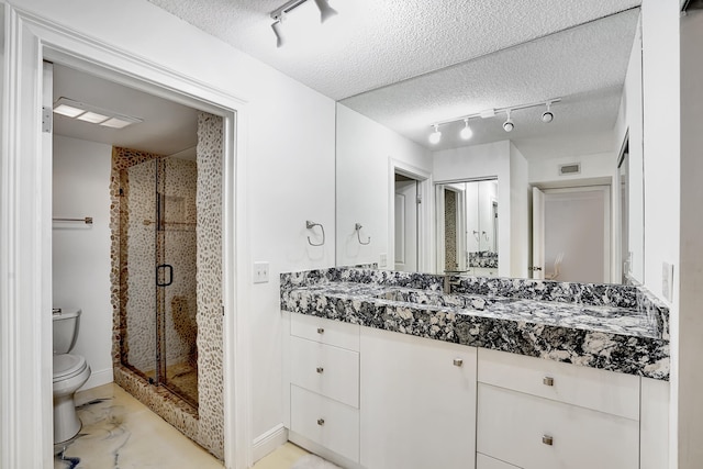 bathroom with toilet, an enclosed shower, track lighting, a textured ceiling, and vanity