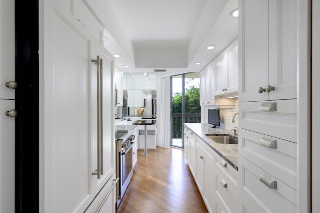 kitchen with light stone countertops, white cabinetry, backsplash, dark hardwood / wood-style floors, and sink